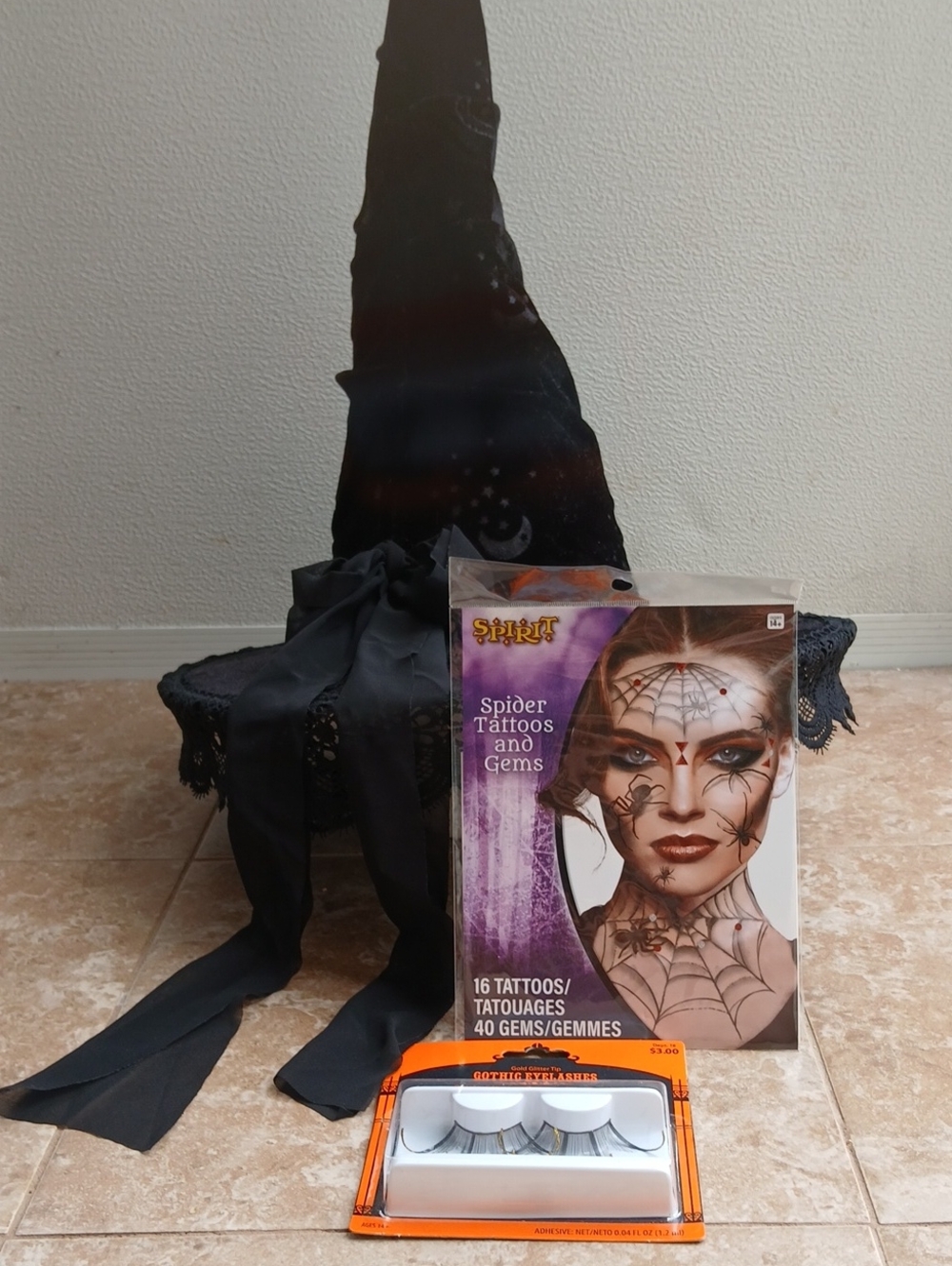Spirit Black Witch Hat with Spider Tattoos & False Lashes